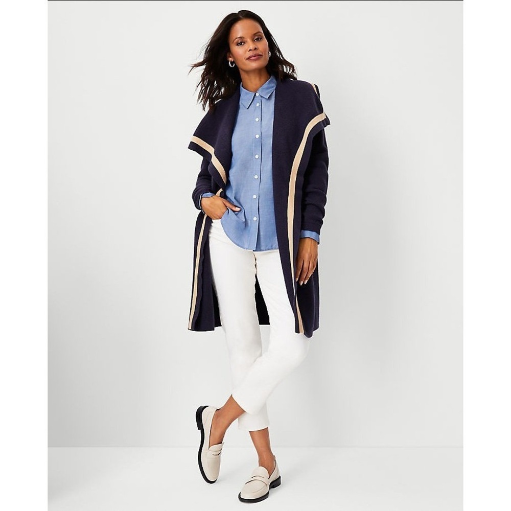 ANN TAYLOR Striped Trim Cascade Cardigan Sweater Navy w/ Beige Trim Size XS NEW - Picture 2 of 11